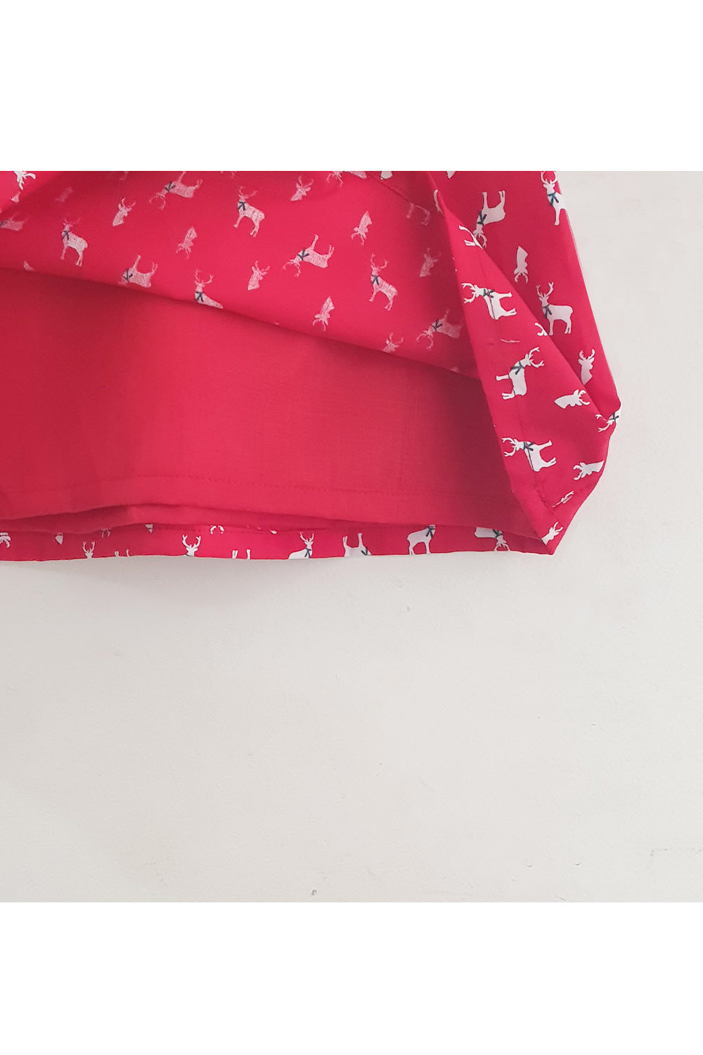 Red reindeer cotton frock with double layer flare sleeve and headgear