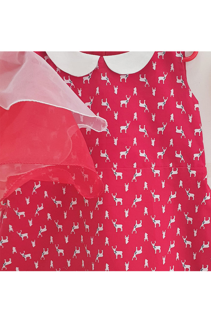 Red reindeer cotton frock with double layer flare sleeve and headgear