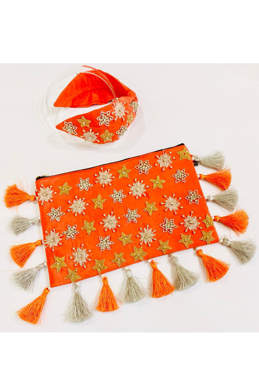 Orange Star Embroidered Sling Bag With Hairband