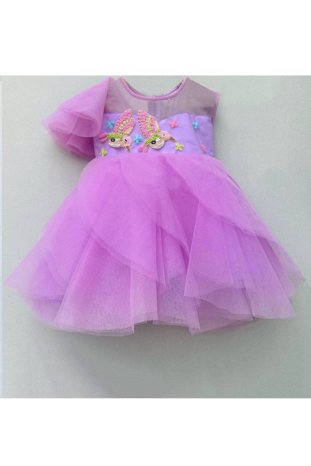 Lavender bird embroidered motif dress