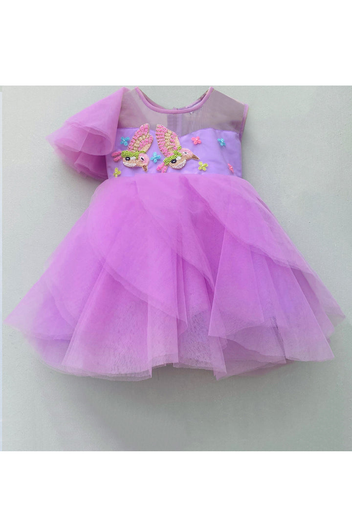 Lavender bird embroidered motif dress