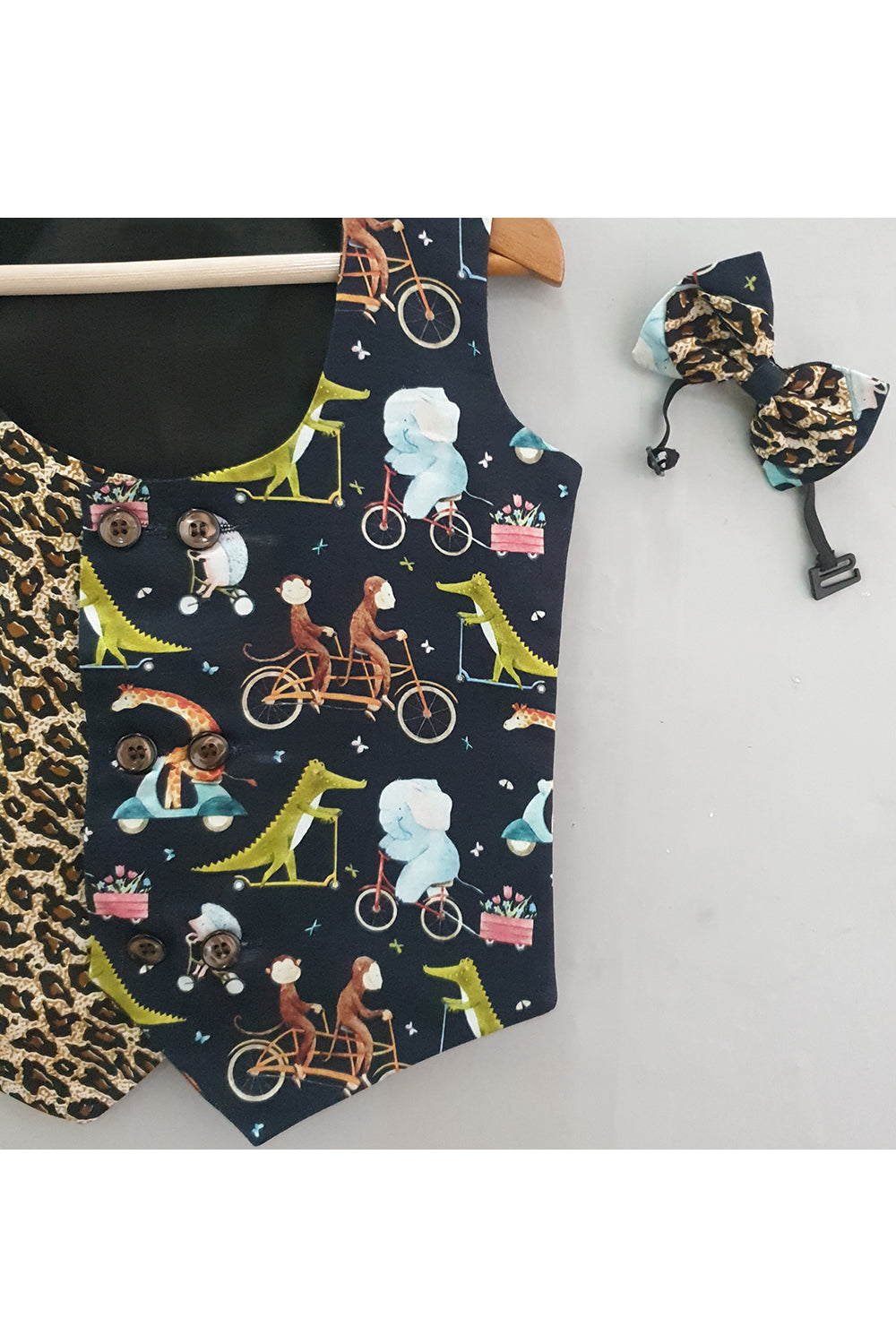 Black animals printed waist coat with bow tie
