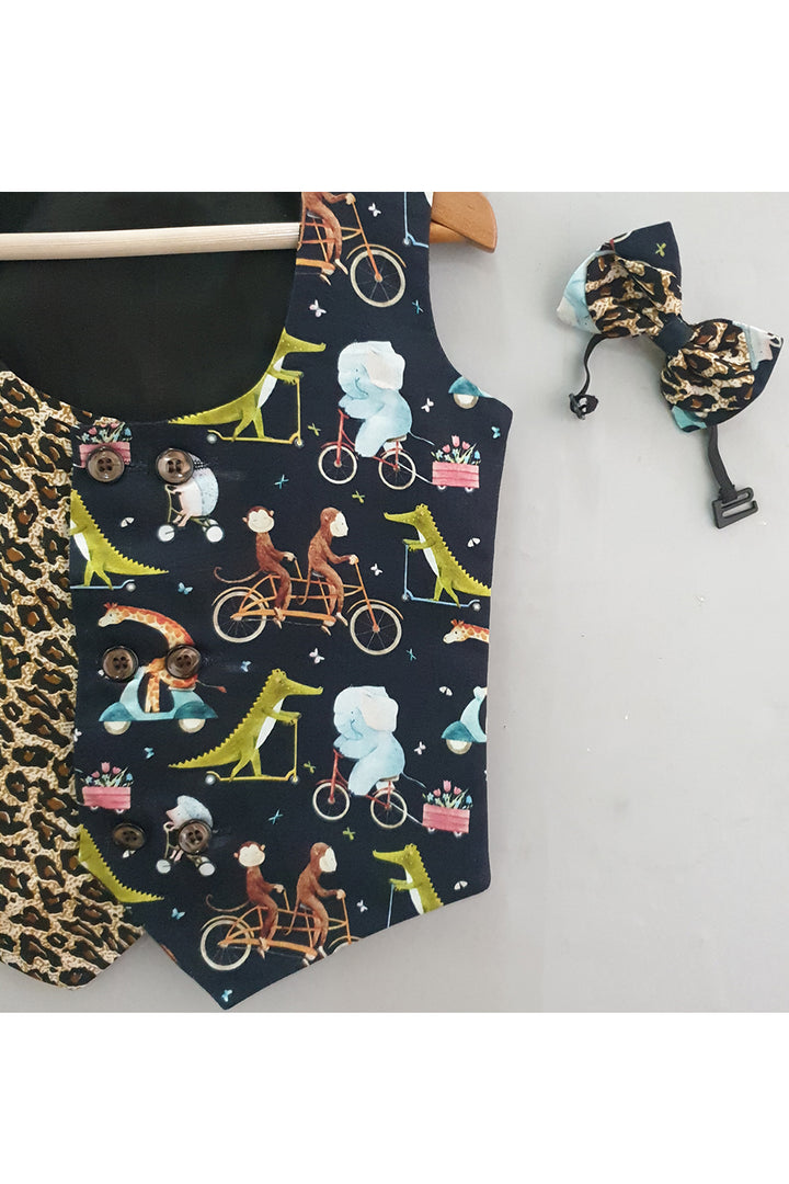 Black animals printed waist coat with bow tie