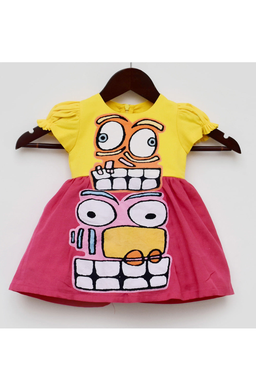 Yellow And Pink Motif Embroidered Linen Dress