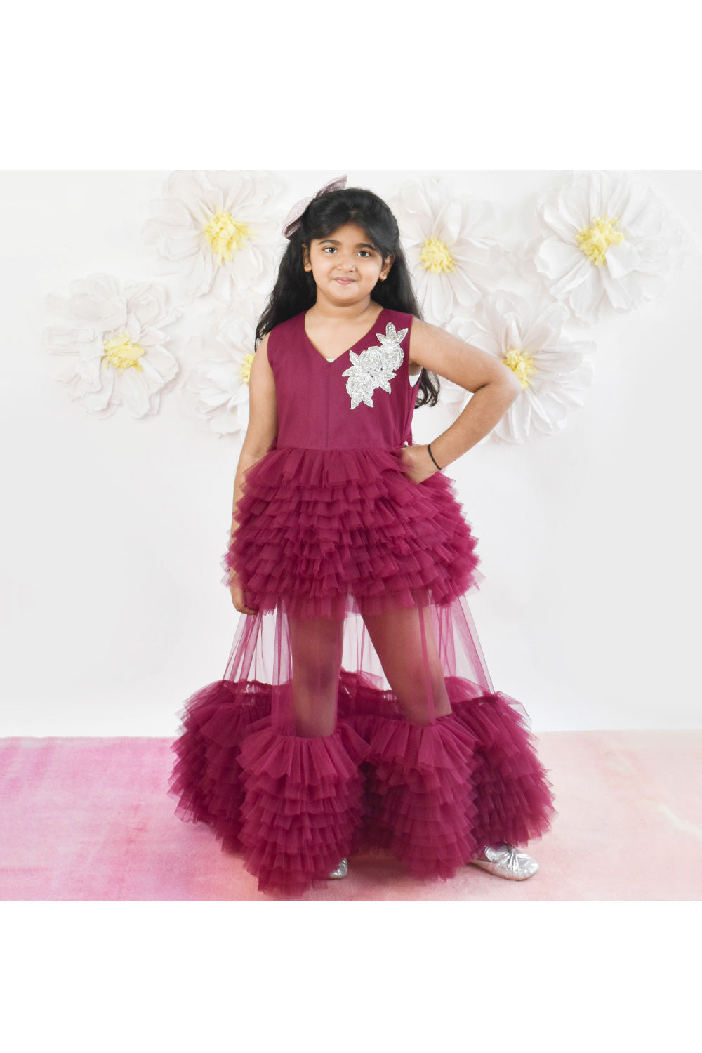 Wine Embroidered Frill Net Gown