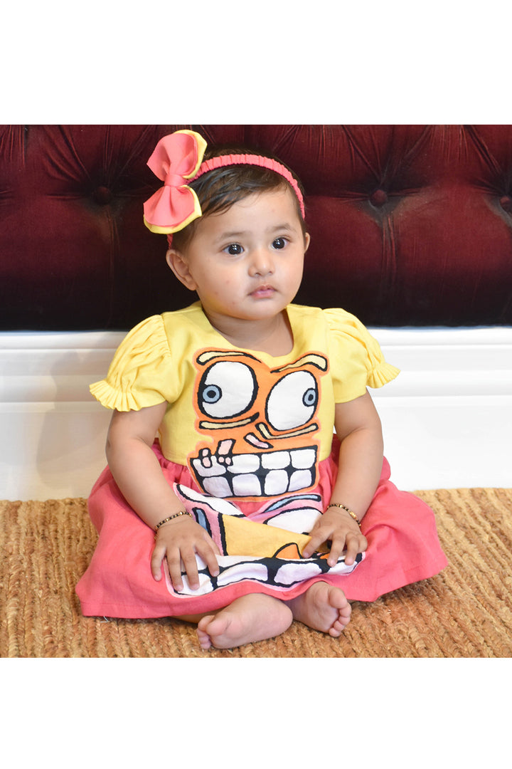 Yellow And Pink Motif Embroidered Linen Dress