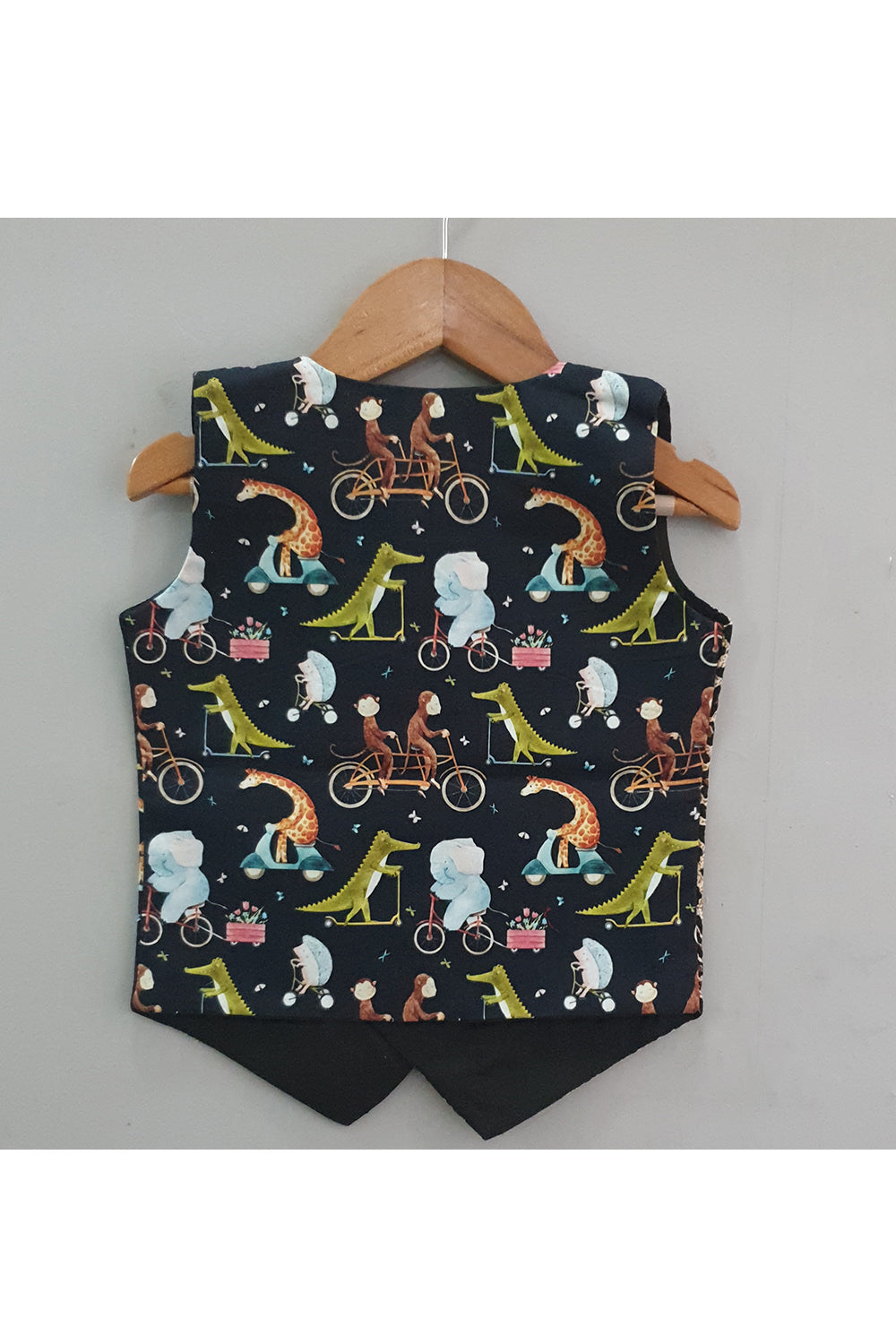 Black animals printed waist coat with bow tie