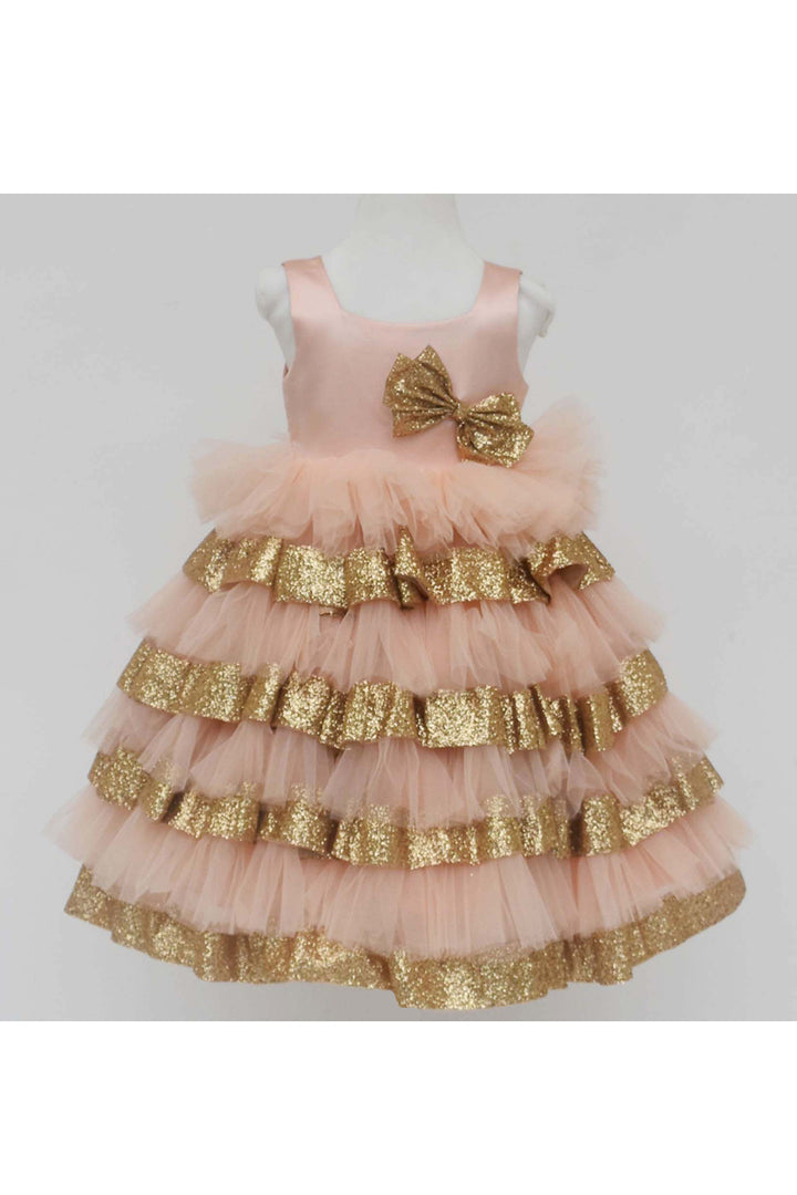 Golden sequin bow peach net dress