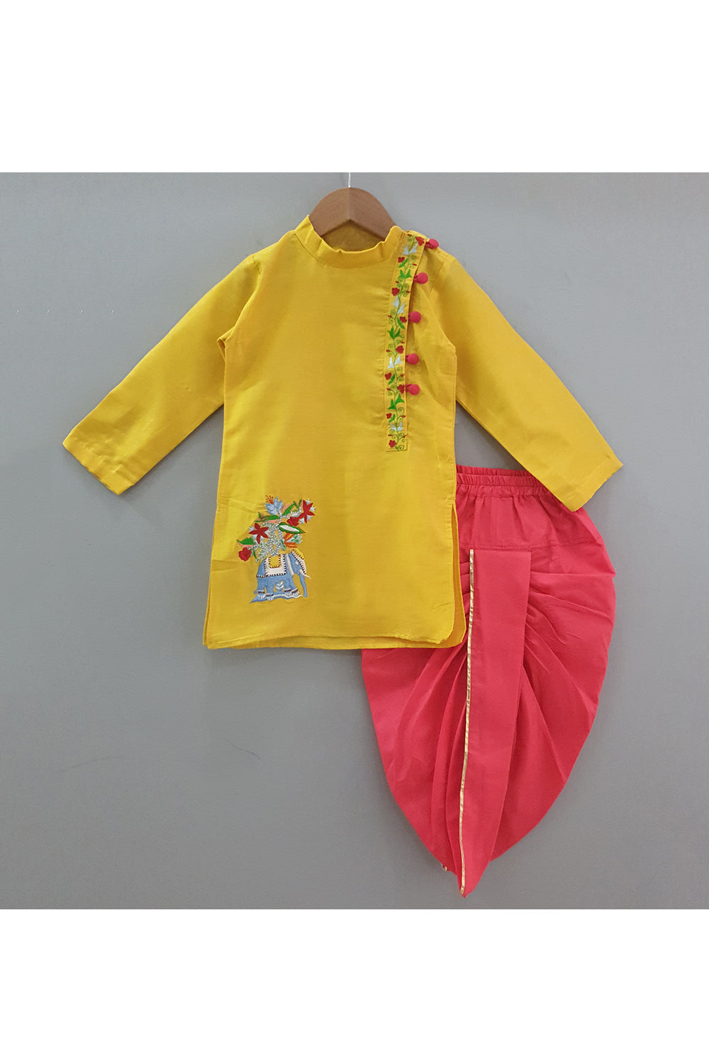 Yellow embroidered side buttons kurta with dhoti