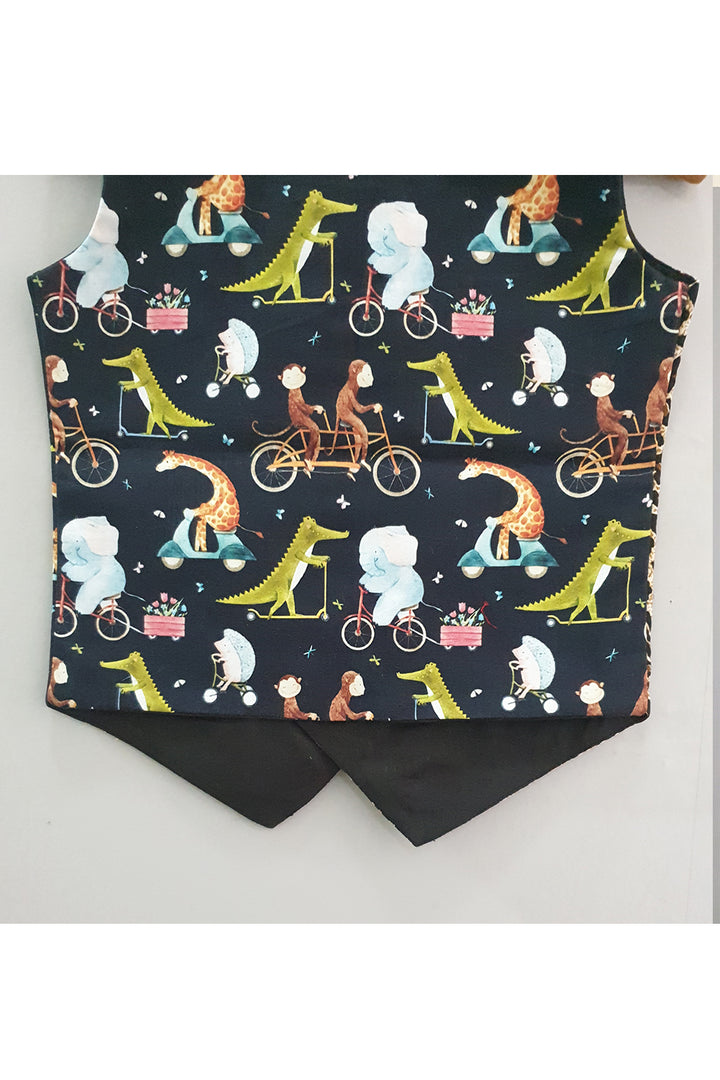 Black animals printed waist coat with bow tie