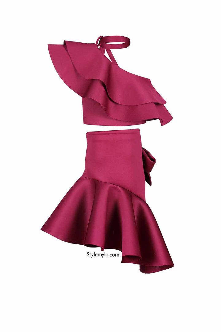 Burgundy Bow Knot Ruffle Crop Top With Bow Skirt