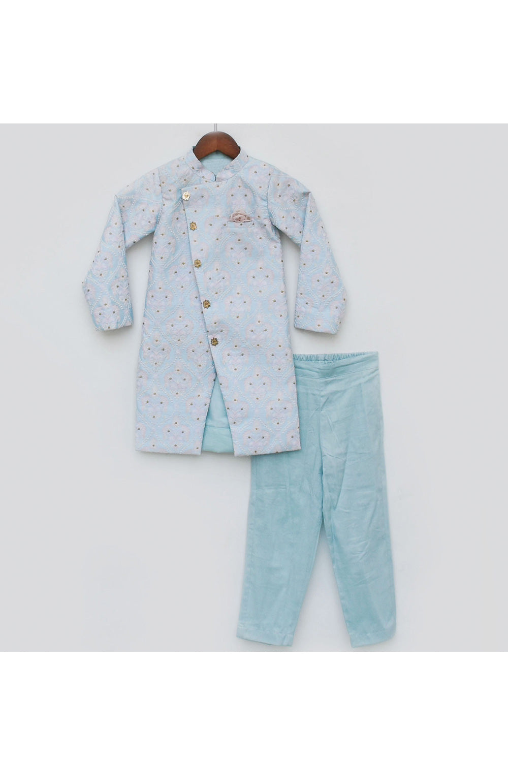 Aqua Blue Embroidered Asymmetrical Ajkan With Pyjama Set