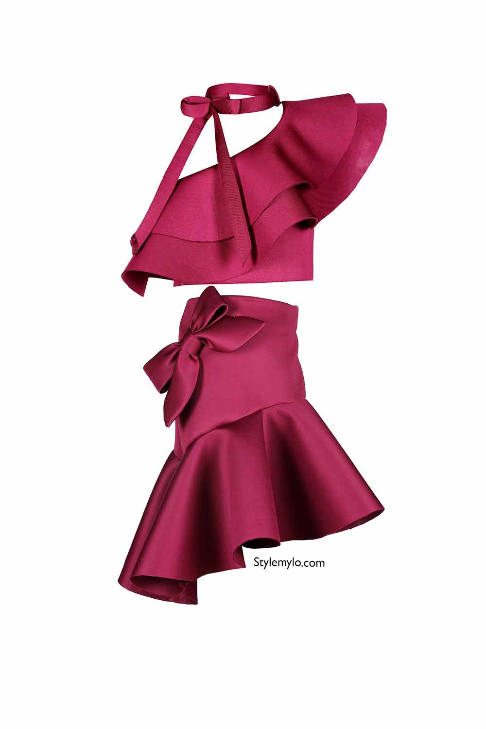Burgundy Bow Knot Ruffle Crop Top With Bow Skirt