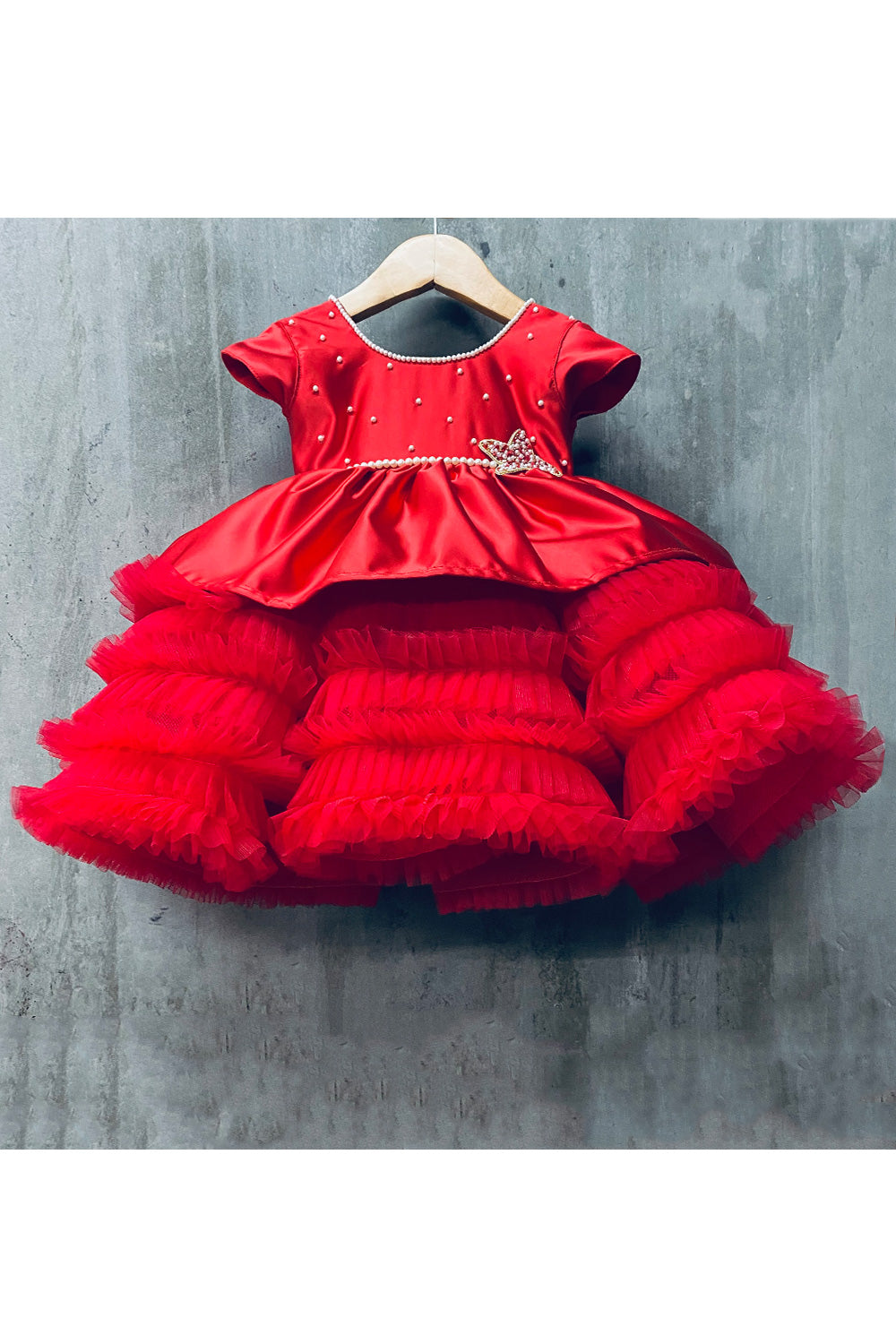 Red Pearl Embroidered Frill Dress