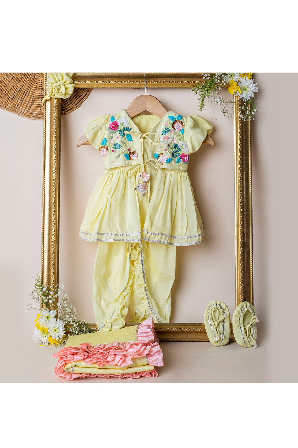 Light Yellow Flower Embroidered Jamna Set