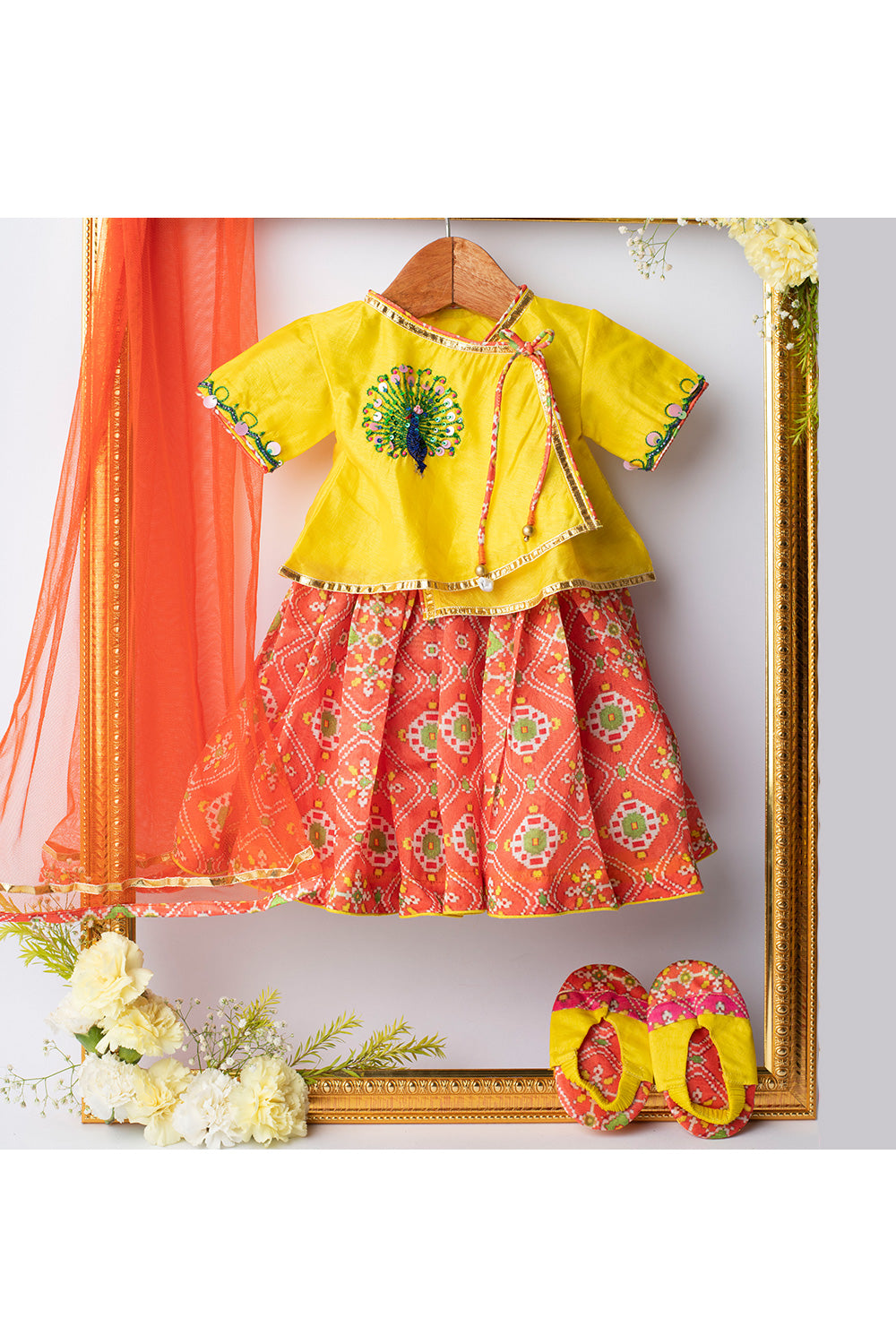 Yellow Peacock Embroidered Top With Lehenga Set