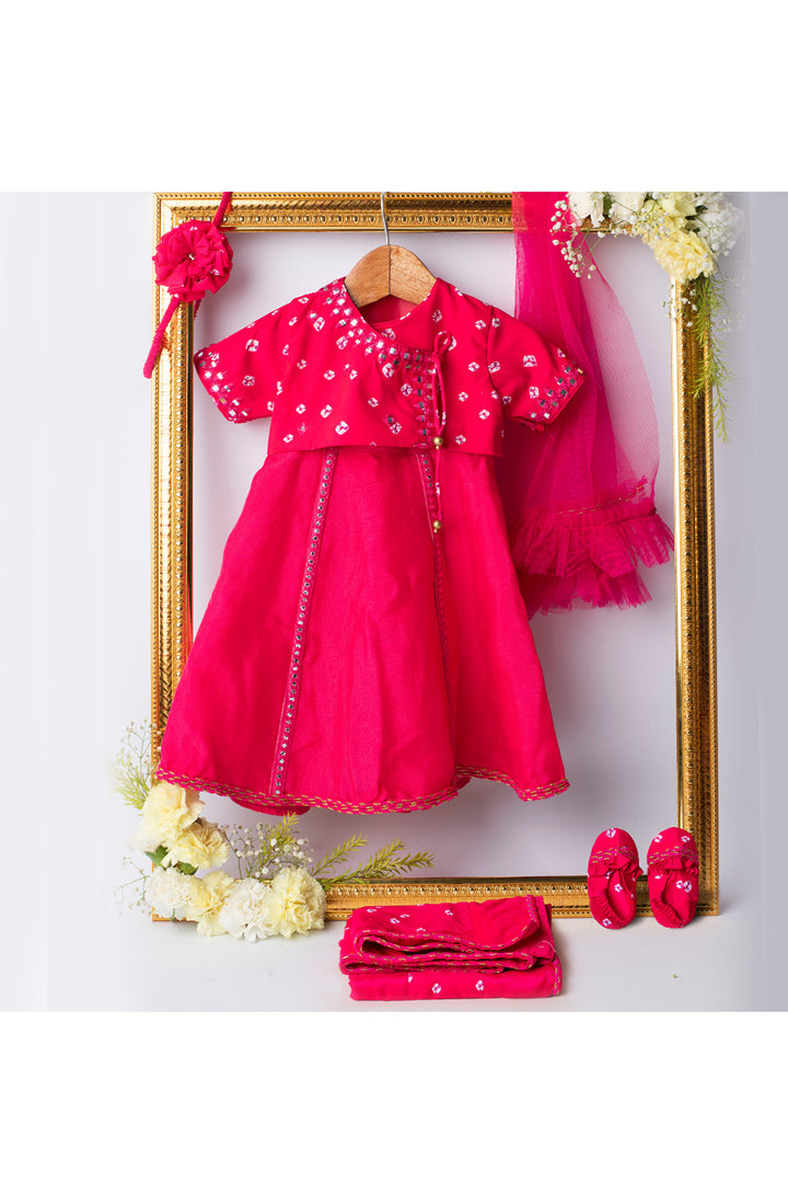 Hot Pink Mirror Faux Embroidered Top With Lehnega Set