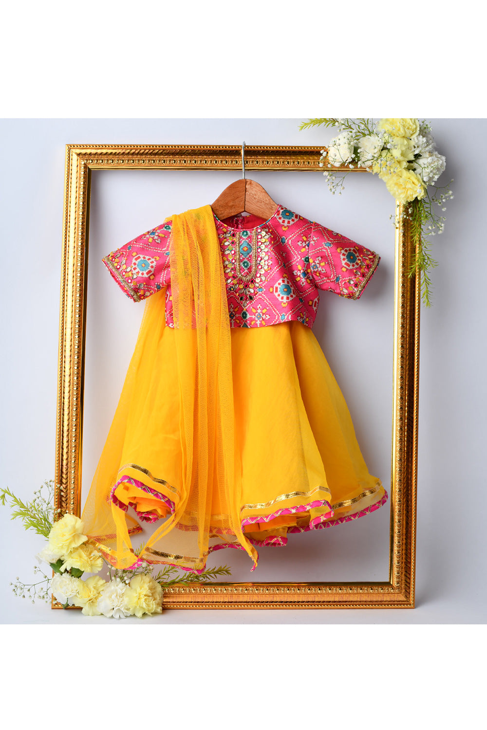 Pink Bandhani Printed Top With Lehenga Set