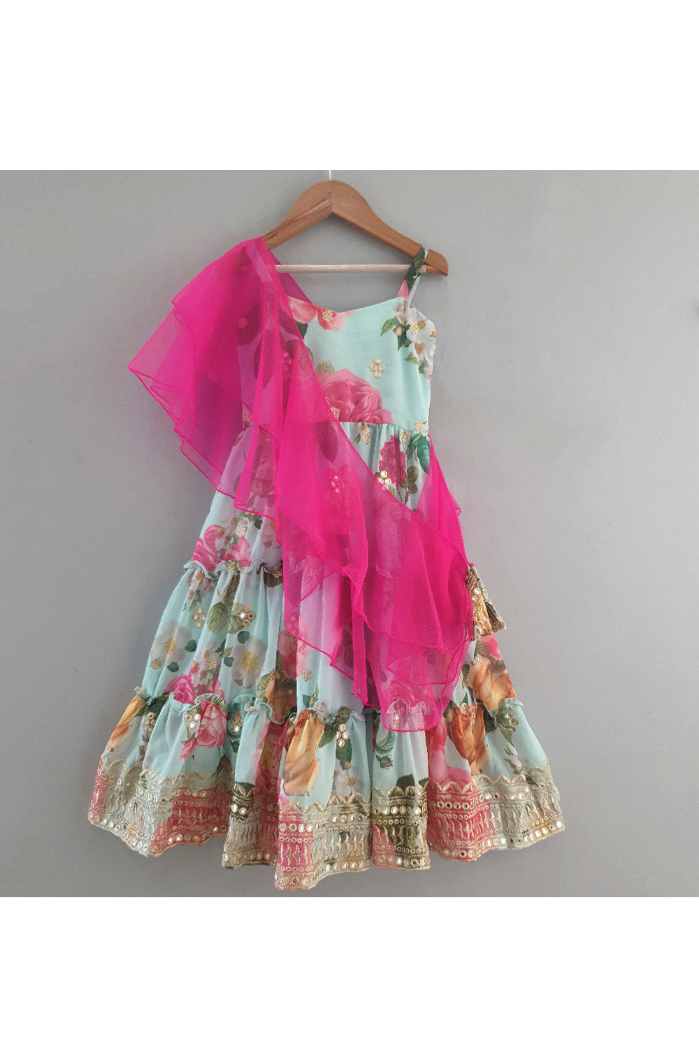 Aqua Blue Floral Printed Anarkali With Dupatta Set