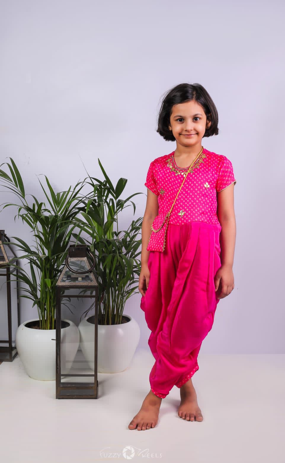 Bandhani printed yoke dhoti jumpsuit and sling bag