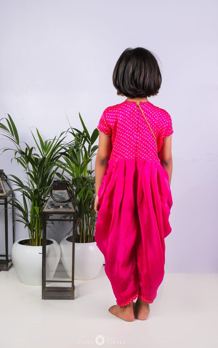 Bandhani printed yoke dhoti jumpsuit and sling bag