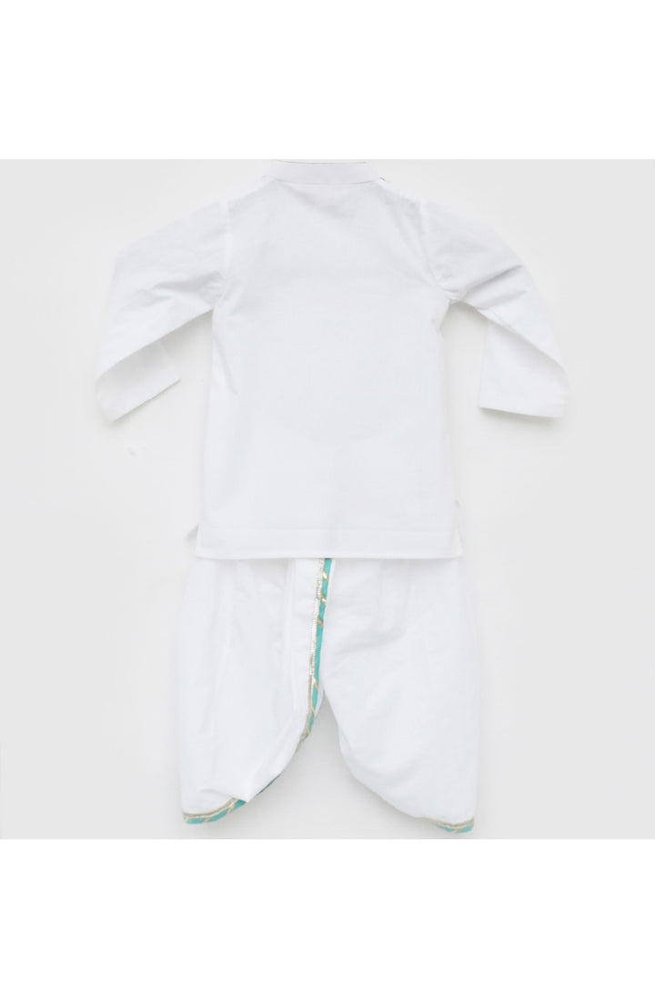 White Holi Motif Embroidered Kurta With Dhoti Set
