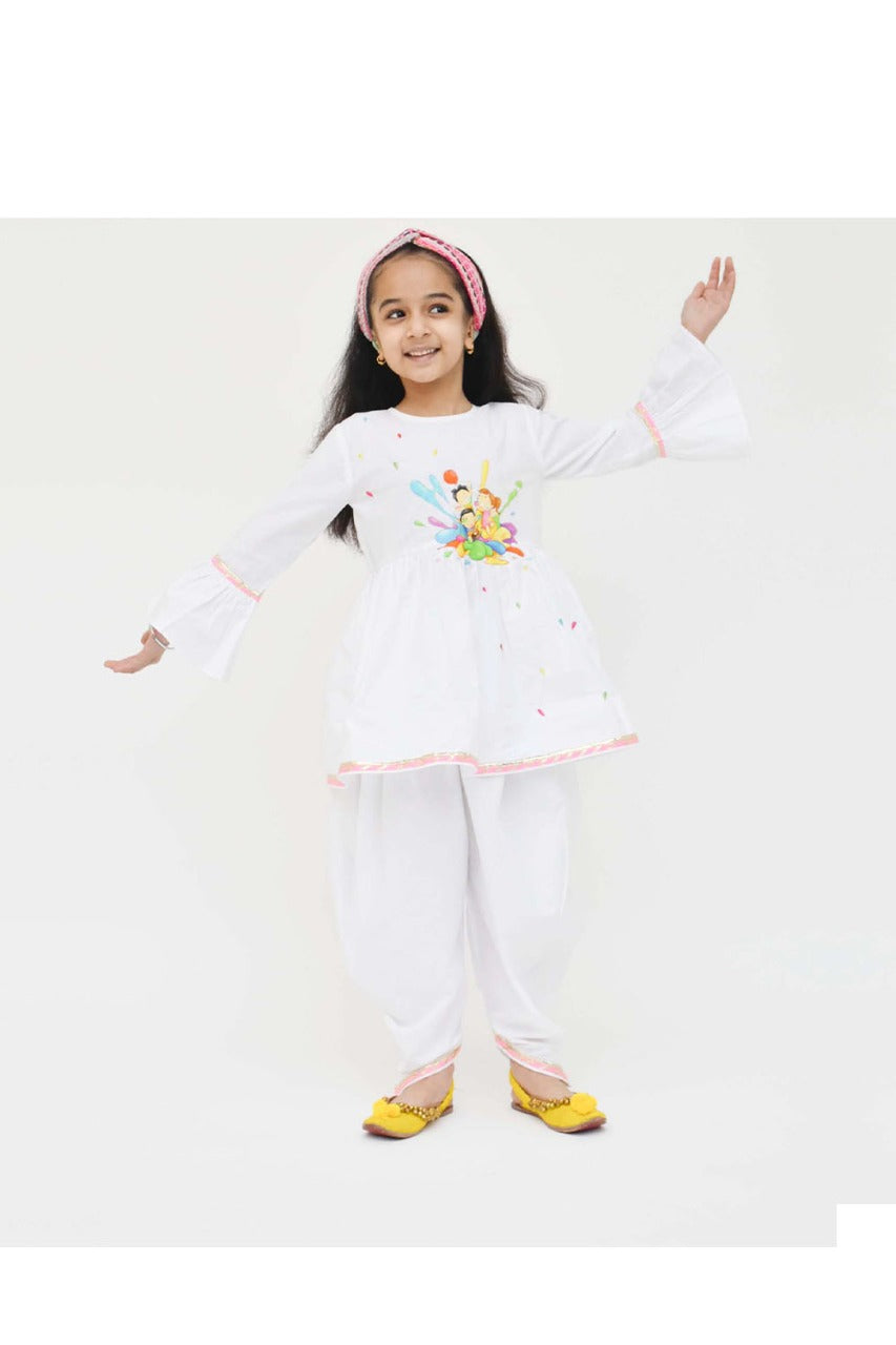 White Holi Motif Embroidered Peplum Style Kurti With Dhoti Set