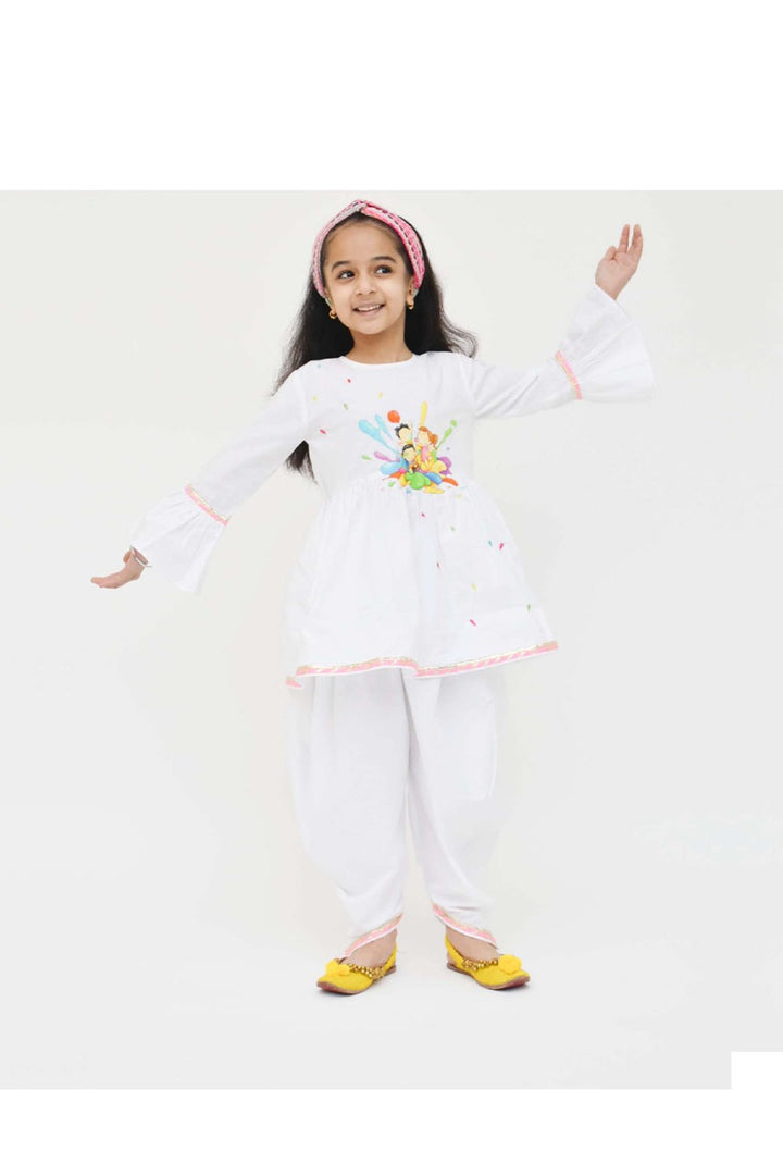 White Holi Motif Embroidered Peplum Style Kurti With Dhoti Set