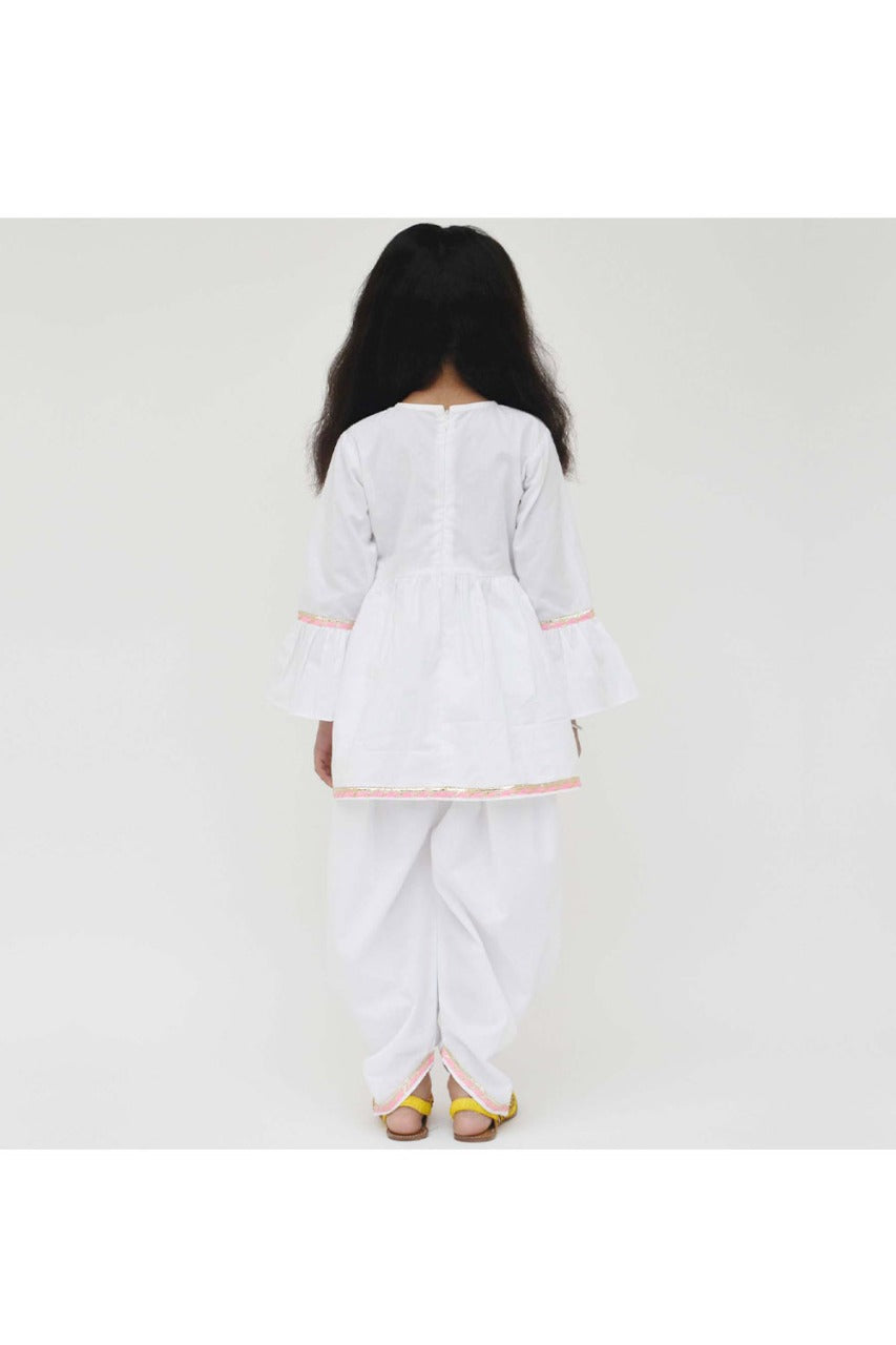 White Holi Motif Embroidered Peplum Style Kurti With Dhoti Set