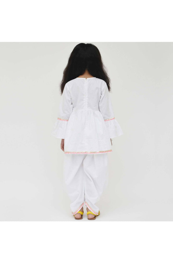 White Holi Motif Embroidered Peplum Style Kurti With Dhoti Set