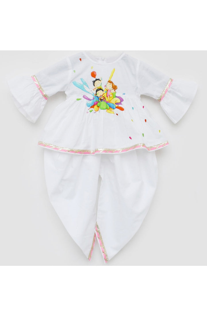 White Holi Motif Embroidered Peplum Style Kurti With Dhoti Set