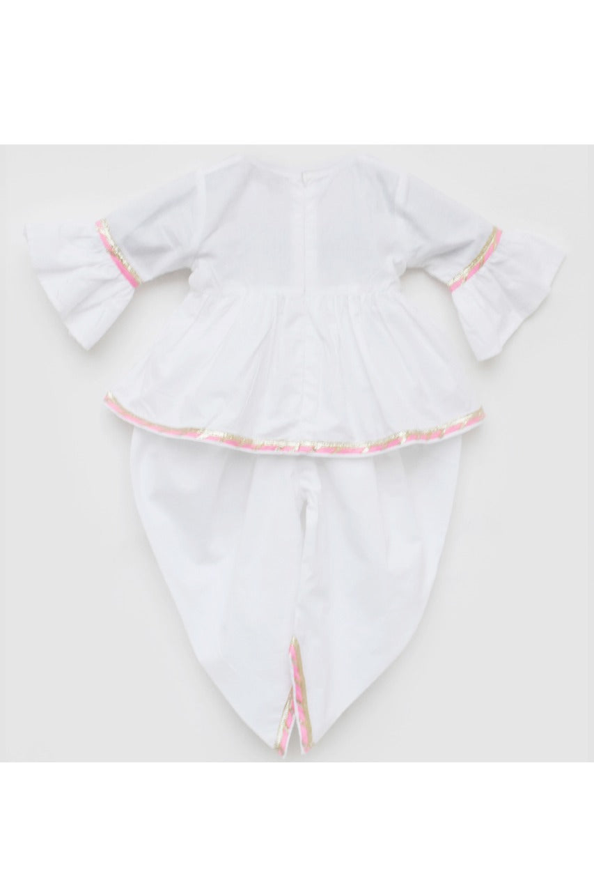 White Holi Motif Embroidered Peplum Style Kurti With Dhoti Set