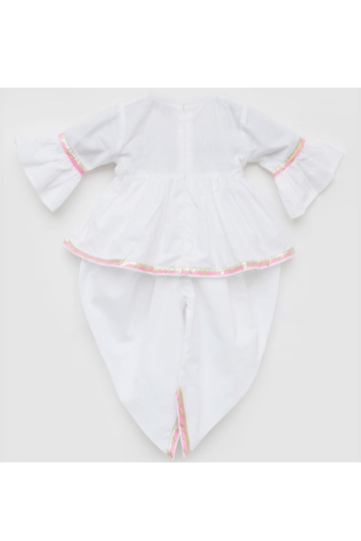 White Holi Motif Embroidered Peplum Style Kurti With Dhoti Set