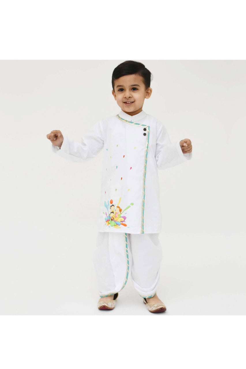 White Holi Motif Embroidered Kurta With Dhoti Set