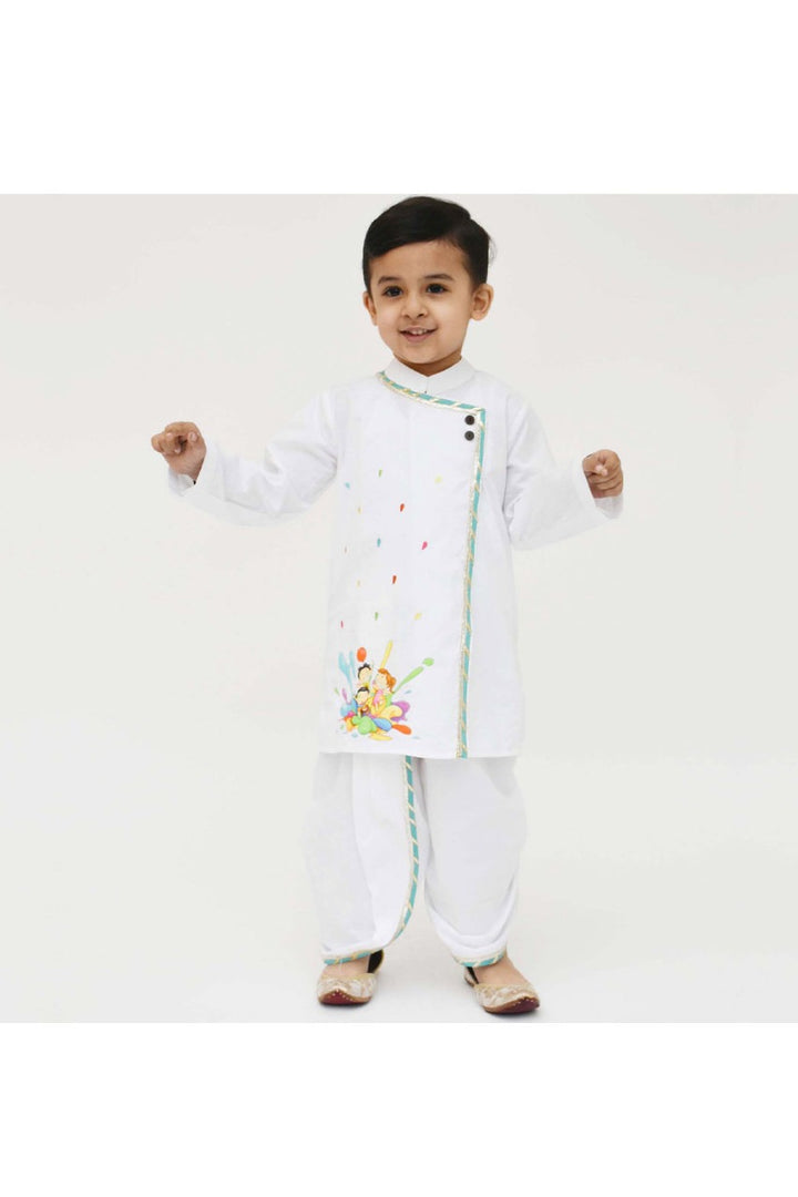 White Holi Motif Embroidered Kurta With Dhoti Set