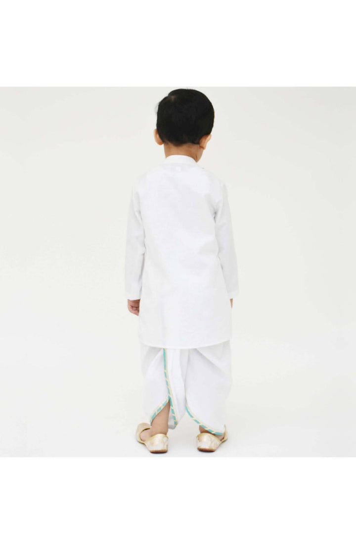 White Holi Motif Embroidered Kurta With Dhoti Set