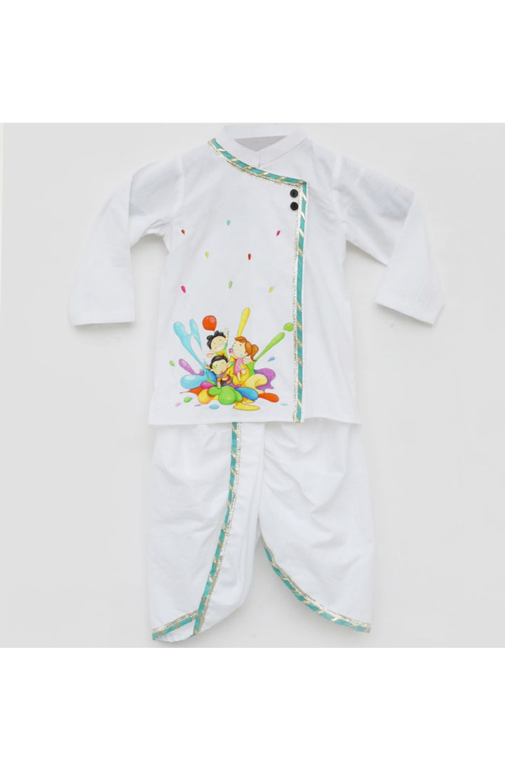 White Holi Motif Embroidered Kurta With Dhoti Set