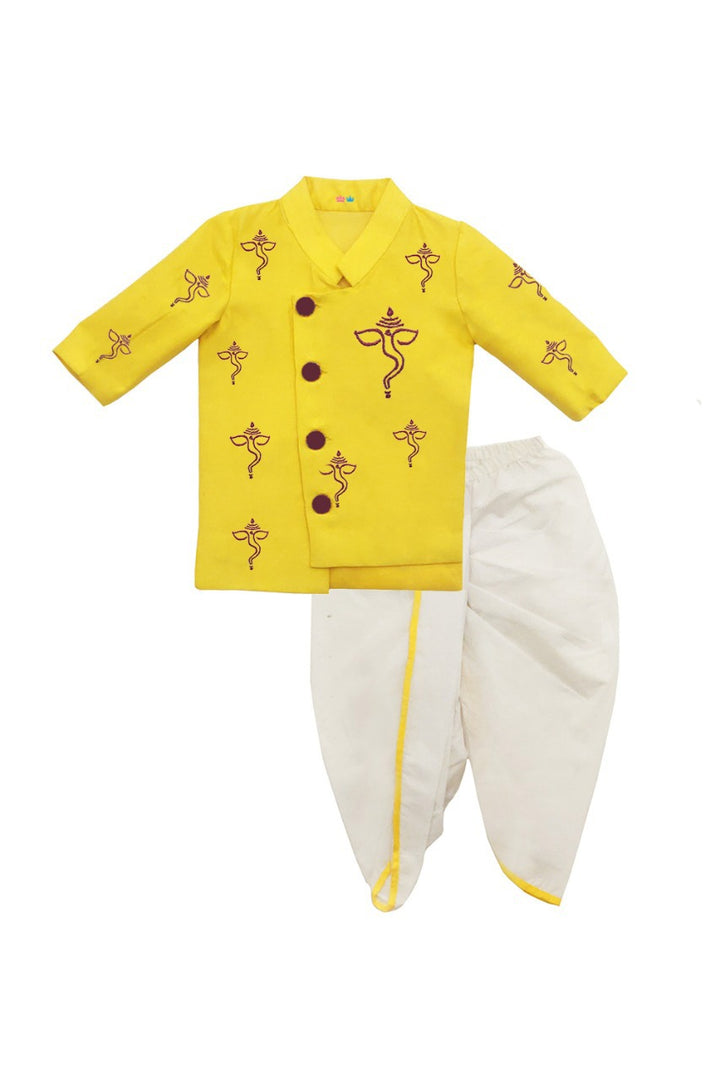 Yellow Ganesh Thread Embroidered Kurta With Dhoti Set