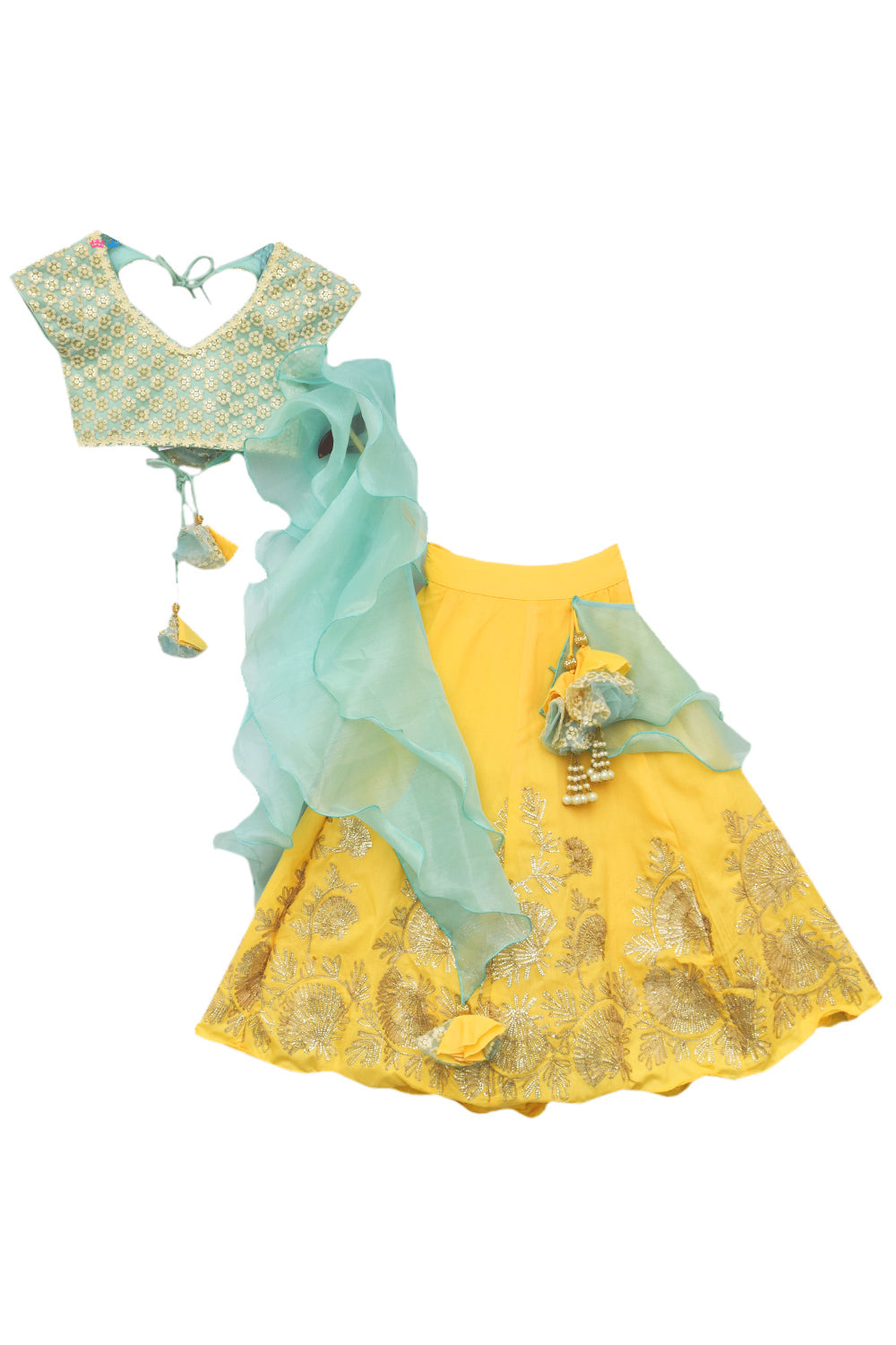 Aqua Thread Embroidery Choli with Yellow Gotta Lehenga