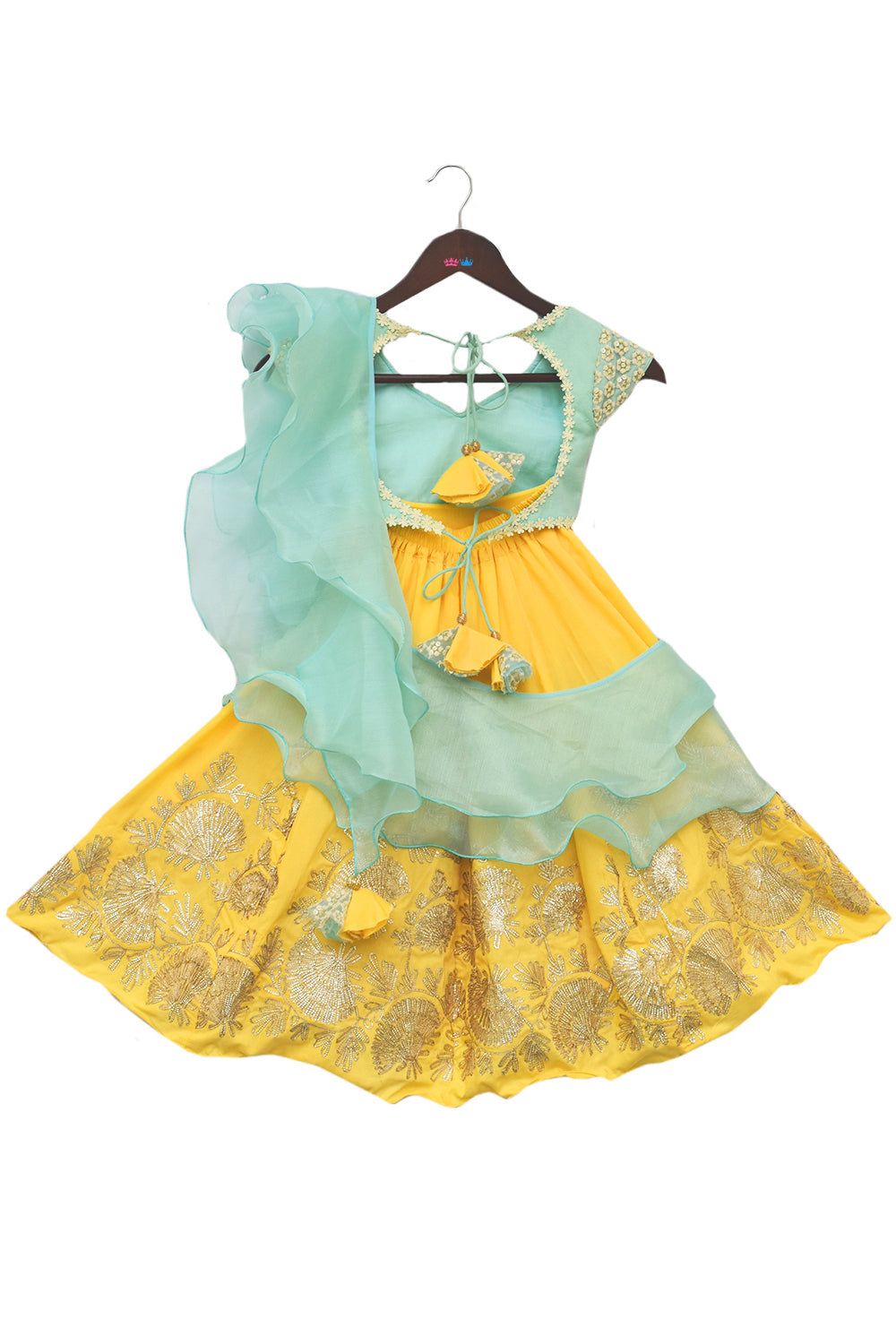 Aqua Thread Embroidery Choli with Yellow Gotta Lehenga