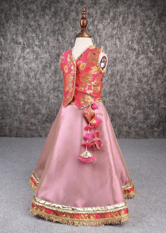 Magenta & Onion Gota Lace Detailing  Brocade Top And Lehenga Set