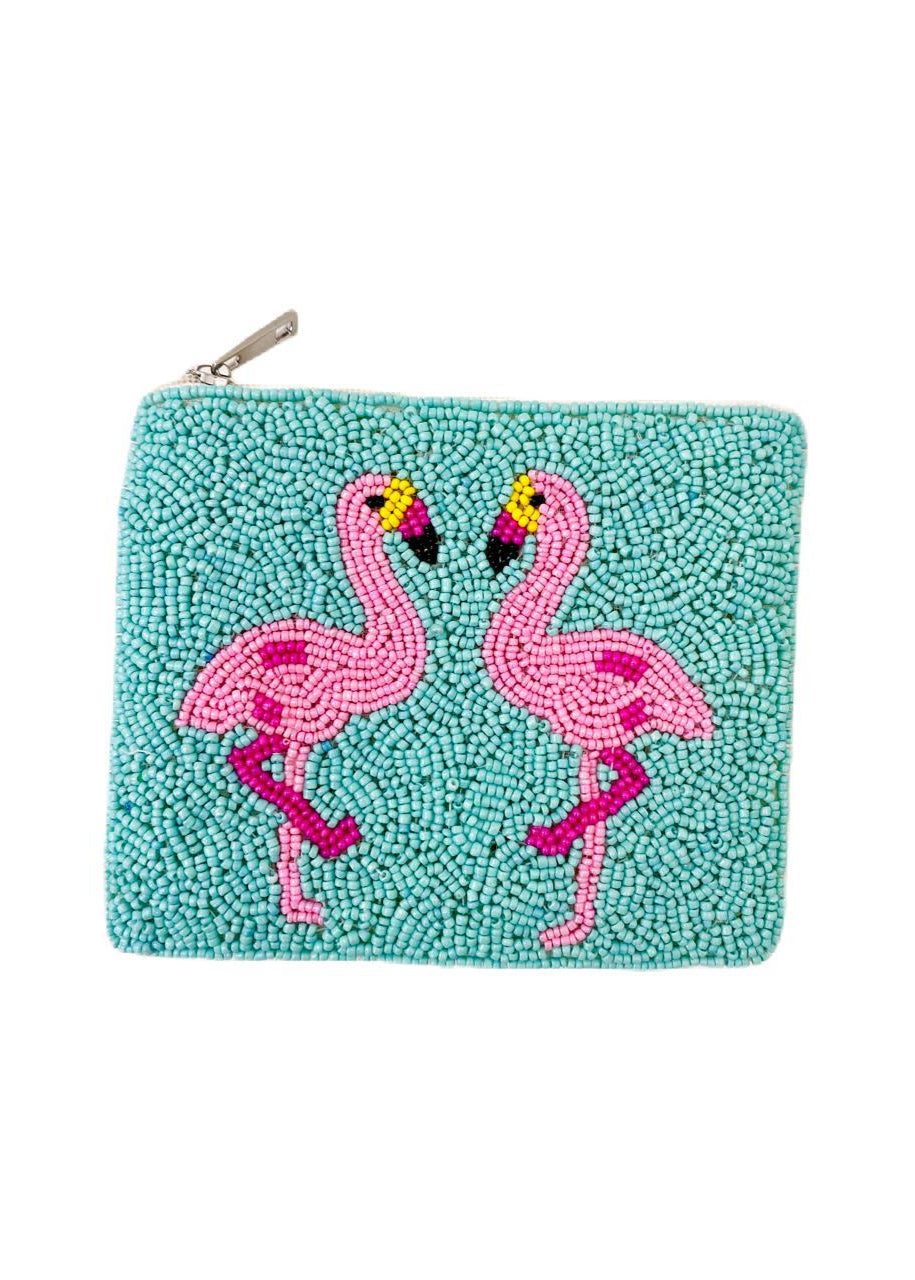 Pink Flamingo Beaded Embroidered Coin Purse