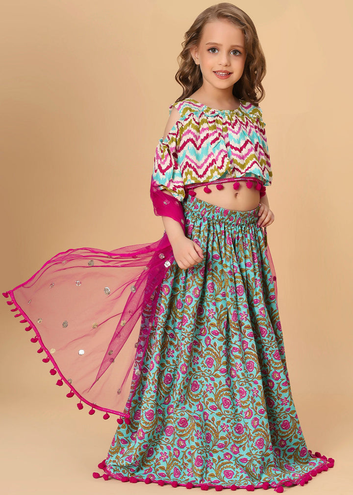 Turquoise Printed Top And Lehenga With Dupatta Set