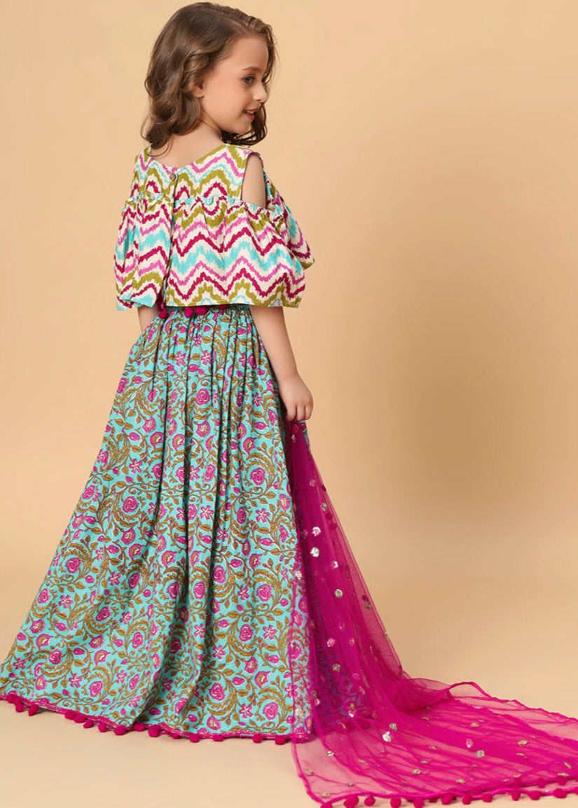 Turquoise Printed Top And Lehenga With Dupatta Set