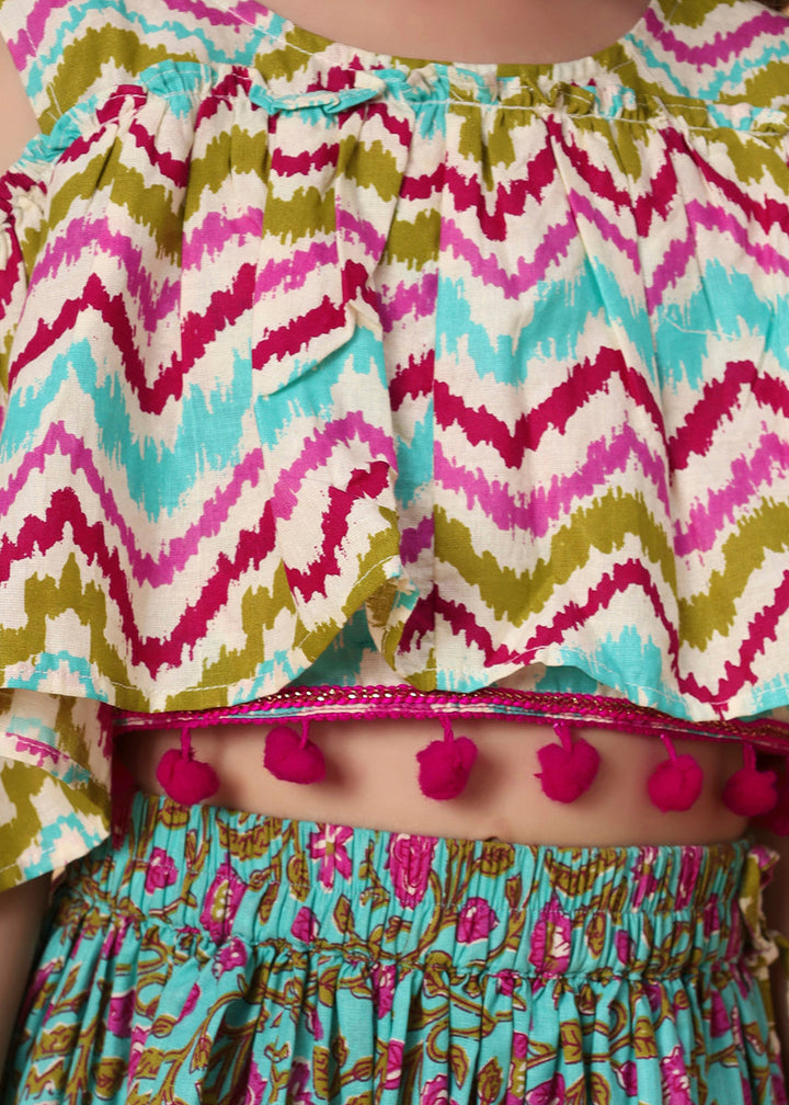 Turquoise Printed Top And Lehenga With Dupatta Set