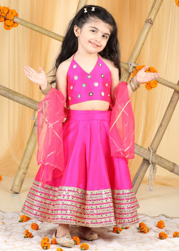 Hot Pink Hand Embroidery Top With Gotta Patti Lehenga And Dupatta Set