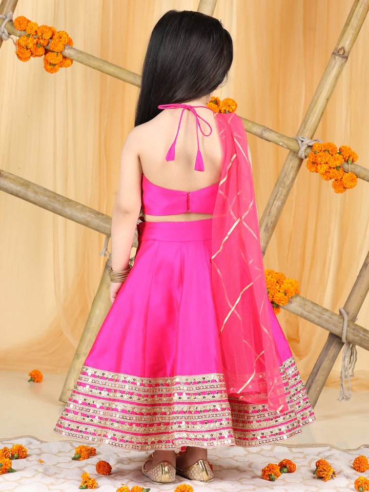 Hot Pink Hand Embroidery Top With Gotta Patti Lehenga And Dupatta Set