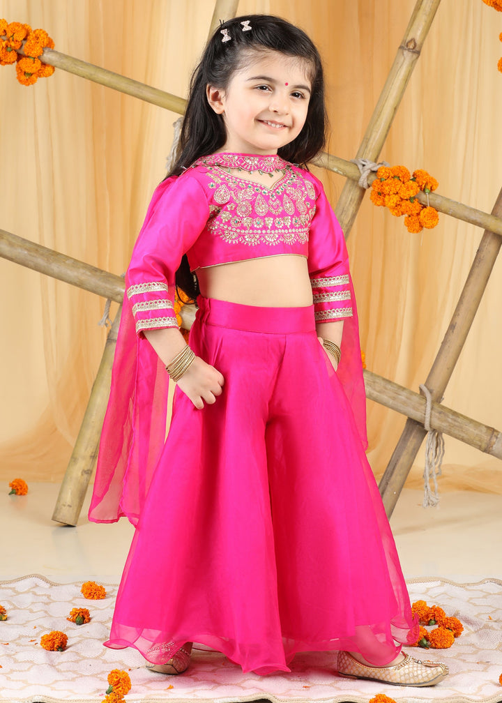 Hot Pink Thread Embroidery Top With Palazzo And Dupatta Set