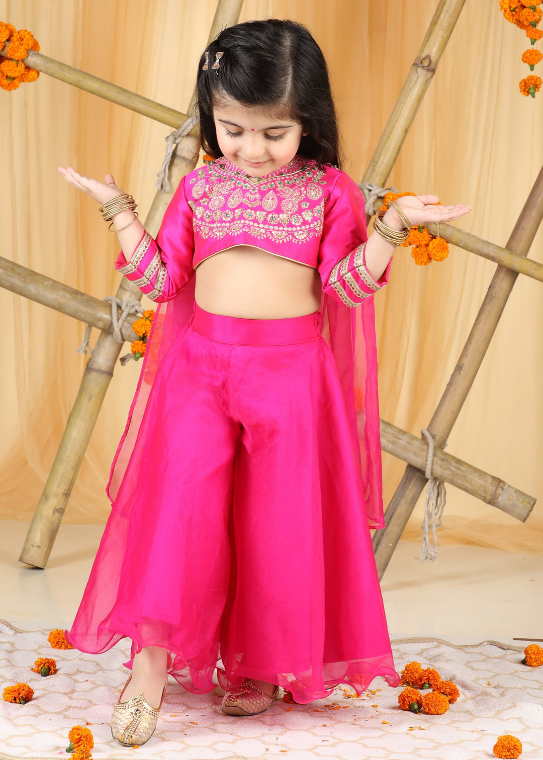 Hot Pink Thread Embroidery Top With Palazzo And Dupatta Set