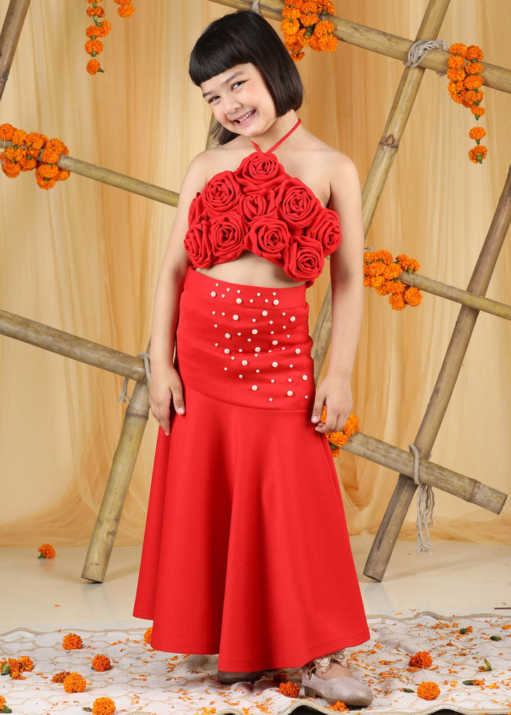 Red Pearl 3D Flower Embellishment Top With Skirt Set
